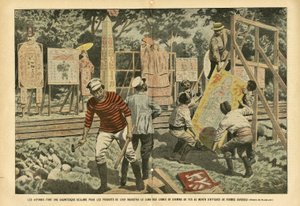 Illustration af Eugene Damblans (1865-1945) i Le Pelerin, 03/09/05 - Japanerne gør et gigantisk krav på deres industris produkter langs jernbanelinjer med plakater i forskellige former - Reklame, Japan, Jernbanetog, Plakater Plakater af Eugene Damblans