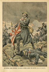 Illustration af Eugene Damblans (1865-1945) i Le Pelerin, 01/01/05 - En russisk korporal river et japansk flag i stykker foran Port Arthur - Rusland, Japan, Port Arthur, Russisk-Japansk krig, Kampe, Rifler - Soldater, Korporal af Eugene Damblans