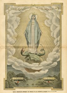 Illustration af Eugene Damblans (1865-1945) i Le Pelerin, 04/12/04 - Mary immaculee viser sig for verden og bringer frelse til den - Religion Tro, katolsk katolicisme - Immaculee undfangelse - Mary, Dragon - Skyer - Jorden af Eugene Damblans