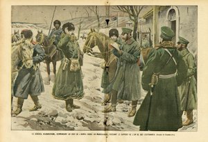 Illustration af Eugene Damblans (1865-1945) i Le Pelerin, 05/03/05 - General Kuropatkin, øverstkommanderende for den russiske Armea i Manchuriet, modtager rapporten fra en af hans løjtnanter - Rusland, Armea, Manchuriet, Russisk -Japansk krig, sne - genera af Eugene Damblans