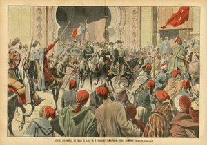 Illustration af Eugene Damblans (1865-1945) i Le Pelerin, 20/10/07 - Højtidelig indgang til Palais de Rabat af Mr. Regnault, Frankrigs minister i Marokko - Kolonisering Kolonialisme Kolonier, Arkitektur Urbanisme, Marokko, Officielt besøg - Regnault Euge af Eugene Damblans