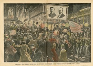 Illustration af Eugene Damblans (1865-1945) i Le Pelerin, 20/11/04 - I New York jubler publikum over den genvalgte præsident i USA og vicepræsidenten, hvis gennemsigtige gengiver træk - Amerika USA, Valg, Arkitektur Urbani af Eugene Damblans