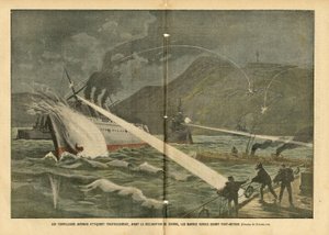 Illustration af Eugene Damblans (1865-1945) i Le Pelerin, 21/02/04 - Japansk torpedoangreb russiske skibe før krigserklæringen før krigserklæringen - Rusland, Japan, Maritime Marine Seaside, Port Arthur, russisk-japansk krig , Krigsskibe af Eugene Damblans