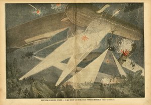 Illustration af Eugene Damblans (1865-1945) i Le Pelerin, 24/11/07 - En episode af fremtidige krige - Hvad vil kampene være i luftskibenes tid - Krig, Balloner luftskibe zeppelinere aerostation, Nocturne, Fighting af Eugene Damblans