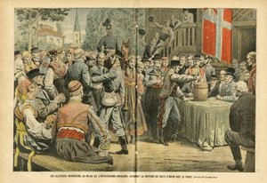 Illustration af Eugene Damblans (1865-1945) i Le Pelerin, 27/08/05 - De norske valg ratificerer under folkelig entusiasme bruddet af unionspagten med Sverige - Valg, Byarkitektur, Folkemængde, Sverige, Norge - Urne af Eugene Damblans