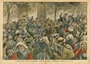 Illustration af Eugene Damblans (1865-1945) i Le Pelerin, 27/10/07 - Forfølgelse fortsætter I Finistere fordrives kurene fra deres præsbyteri midt i den generelle følelse - Religion Tro, Bretagne, Crowd, Katolsk Katolicisme, Finistere - S af Eugene Damblans