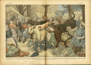 Illustration af Eugene Damblans (1865-1945) i Le Pelerin, 28/03/37 - Den store årlige messe i Lezay nær Niort - Diverse fakta, Økonomi, Crowd, Butikker, Landbrug, bælgplanter - Ko, Oksekød, Camelot rejsende sælger af Eugene Damblans