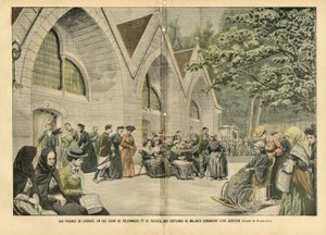 Illustration af Eugene Damblans (1865-1945) i Le Pelerin, 28/08/04 - Ved poolene i Lourdes, i disse dage med pelerinager og bønner, beder hundredvis af patienter om deres krig - Medicin, Religion Tro, Arkitektur Byplanlægning , katolsk katolik af Eugene Damblans