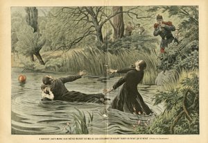 Illustration af Eugene Damblans (1865-1945) i Le Pelerin, 30/07/05 - I Riaucourt (Haute-Marne) dør to præster ofre for deres hengivenhed i forsøget på at redde et barn, der var druknet - Diverse fakta, Barndom, Maritime Marine Nautical Balneaire, Riviere af Eugene Damblans
