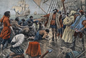 Illustration af besætningen på Ferdinand de Magellan, der sværger deres troskab til ham på et kors efter et mislykket mytteri - Fernand de Magellan (1480-1521), portugisisk navigatør dulmer en ophidselse af sit mandskab og efter at have tilgivet ham får ha