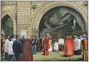 Foran "Grotto de Lourdes", i Vatikanets haver, velsignede pave Pius XI den første sten af Propagandakollegiet, som ville rejse sig på Janicule. Illustration af Damblans. I "Le Pelerin" af 3. juni af Eugene Damblans