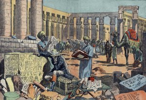 Jean Francois (Jean-Francois) Champollion (1790-1832), en fransk egyptolog, der studerer en inskription blandt kolonnaderne i Theben. Stik fra 1923. Tegning af Damblans. af Eugene Damblans
