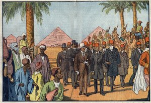 Kong Amanullah af Afghanistan (1892-1960) besøger pyramiderne i Egypten, ledsaget af en eskorte af meharister. Kairo, Egypten. Illustration af Damblans. I "" Le Pelerin"" af 22. januar af Eugene Damblans