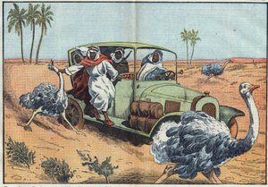 Moderne jagt: I den arabiske ørken driver velhavende beduiner unge østrigere for at fange dem i live. Illustration af Damblans. I "" Le Pelerin"" af 16. april af Eugene Damblans