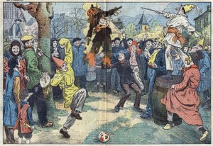 Gamle skikke: kremeringen af "" karneval", om aftenen Mardi Gras (Mardi-Gras), repræsenterer de fornøjelser og gode kære forladt ved tærsklen til Careme. Illustration af Damblans. I "" Le Pelerin"" af 16. marts af Eugene Damblans