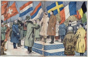 Olympiske vinterlege (1932) - afslutningsceremoni: de franske skatere M. og fru Brunet Joly (Brunet-Joly), olympiske mestre, lykønskes af juryen. Lake Placid, USA. Illustration af Damblans. I "" Le Pelerin"" af 18. marts af Eugene Damblans
