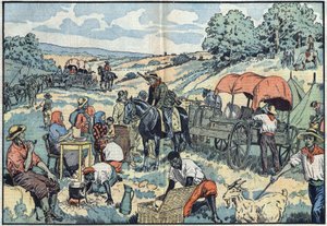 Befolkningsmigration i Afrika: 2000 boere forlader den portugisiske koloni Angola med transport til de mere frugtbare regioner i Sydafrika. Illustration af Damblans i "" Le Pelerin"" af 30. september af Eugene Damblans