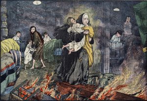Søster Marie Gabrielle (Marie-Gabrielle) redder et barn under branden på børnehjemmet Bernards Ville (Bernards-Ville), i USA. Illustration af Damblans i "" the Pelerin"" af 27. november af Eugene Damblans