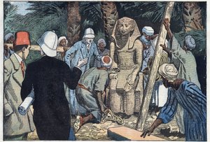 Den franske arkæolgiske mission opdager en statue af Sesostris III teenager, som vil blive bragt til Louvre. Medamoud, oldtidens Theben, Egypten. Illustration af Damblans. I "" Le Pelerin"" af 22. november af Eugene Damblans