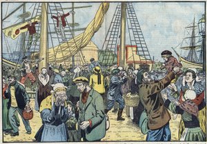 Torskens tilbagevenden til Saint-Malo: Terres-Neuvas fiskede og blev genforenet med deres familier. Illustration af Damblans. I "" Le Pelerin"" af 7. oktober af Eugene Damblans