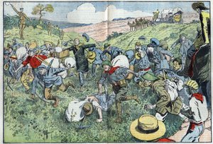 Diamantkapløbet (Sydafrika): et kapløb organiseret for at afgøre, hvem der skal besætte diamantgrundene tættest på forekomsten. Illustration af Damblans i "" Le Pelerin"" af 3. august af Eugene Damblans