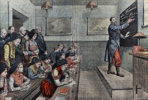 Den første klasse i fransk i Alsace er generobret. Illustration af Damblans. I "Le Pelerin"" fra 1914. af Eugene Damblans