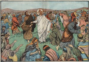 Brødenes formering: Ved bredden af Tiberiad-søen tilfredsstillede Jesus Kristus (Jesus Kristus) befolkningen ved at gange fem bygbrød og to fisk. Illustration af Damblans. I "" Le Pelerin"" af 18. marts af Eugene Damblans