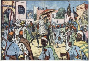 Den nye sultan af Marokko, Moulay Mohammed, gør sit indtog i byen Rabat. Illustration af Damblans. I "" Le Pelerin"" af 4. december af Eugene Damblans