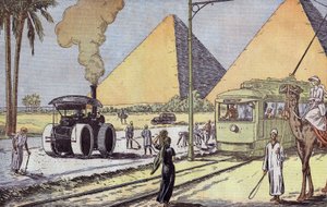 Udsigt over Giza-pyramiderne i Egypten, illustration af Eugene Damblans fra det franske blad "Le Pelerin" 1. januar af Eugene Damblans