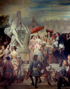 Pierre Puget (1620-1694) præsenterer sin statue Milon af Crotone til Ludvig XIV (1638-1715) i haven på slottet i Versailles. Maleri af Eugene Deveria (1808-1865)