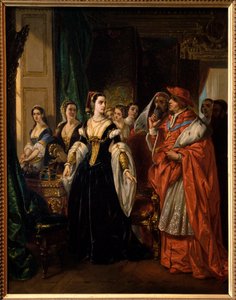The Divorce of Henry VIII: Cardinal Thomas Wolsey (1475-1530) and Catherine of Aragon (1485-1536) in 1533 - Scene af skuespillet "The Famous History of the Life of King Henry the Eighth" af William Shakespeare - Maleri af Eugene Deveria (1808-1865)