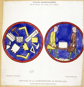 Bygningshistorie i middelalderen: Fac-lignelse af glasmosaikvinduer fra det 13. århundrede i Cathedrale de Chartres - Tegning af Eugene Viollet-le-Duc (Viollet le Duc) (1814-1879) og med flere makoniske symboler. af Eugene Emmanuel (after) Viollet le Duc