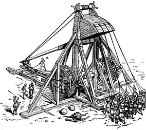 Genopbygning af en enorm katapult (modvægt trebuchet type), kaldet mangonneau
