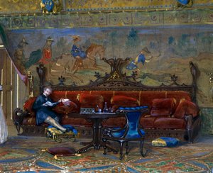 Design af en hal i gotisk stil til Chateau de Pierrefonds, med kejseren og kejserinden af Eugene Emmanuel Viollet le Duc