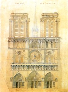 Projekt til restaurering af vestfacade af Notre Dame-katedralen i Paris med rekonstruktion af spiret ved krydset, 1843
