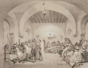 Cafe du Divan, Algier, fra et bind til minde om den franske ekspeditionsstyrke, der erobrede Algier i 1830, indgraveret af Adolphe Jean-Baptiste Bayot (1810-66)