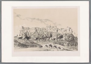 Udsigt over slottet Izadkhvast Yezd-i-Kast (titel på objekt) Persiske landskaber (serietitel) Perse modern (serietitel) af Eugene Flandin