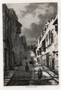Rue des chevaliers, på Rhodos, tegning af Eugene Flandin, for at illustrere hans rejse til øen Rhodos i 1844. Indgravering i "" Le tour du monde"", redigeret af Edouard Charton af Eugene Flandin