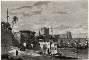 Udsigten over Rhodos havn og Aubussons port, tegning af Eugene Flandin, for at illustrere hans rejse til øen Rhodos i 1844. Indgravering i "" Le tour du monde"", redigeret af Edouard Charton af Eugene Flandin