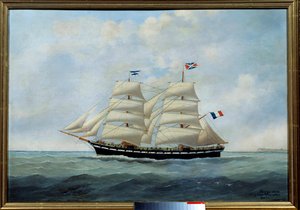Le mursten Union (til torskefiskeri) Maleri af Eugene Margueritte-Grandin dit Eugene Grandin (1833-1916) 1904 søn. 0,57x0,81 m Fecamp, musee des Terres Neuvas - Briggen Union. (torskefiskeri) Maleri af Eugene Grandin (1833-1916)