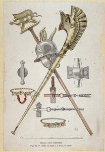 Tilbehør til den galliske kriger: banner, der dekorerer en saglier lærer, hjelmen og krigshornet (carnyx) - i "" Illustrous Teaching Cahiers, krigsdragter fra bronzealderen og galliske tidsalder"", red Grasset af Eugene Grasset
