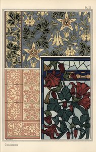Akeleje, Aquilegia vulgaris, blomst i mønstre til tapet, farvet glas og fliser af Eugene Grasset