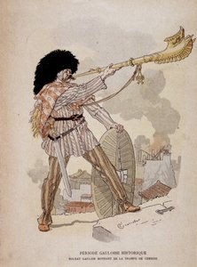 Gallisk soldat lydende fra krigens horn (carnyx) - i "" Illustrous Teaching Cahiers, War Costumes of the Bronze Age and the Gallish Age"", red Grasset af Eugene Grasset