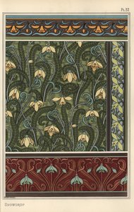 Vintergæk, Galanthus nivalis, som designmotiv i tapet, border og stoffer af Eugene Grasset