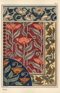 Valmuen, Papaver somniferum, i farvet glas, tapet, stof og flisemønstre. Litografi af Marc Mangin af Eugene Grasset