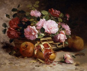 Stilleben med roser og granatæbler. Maleri af Eugene Henri Cauchois (1850-1911) Privat samling.