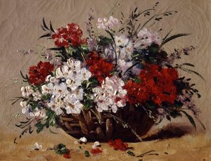 Kurv med sommerblomster. Maleri af Eugene Henri Cauchois (1850-1911) Privat samling. af Eugene Henri Cauchois