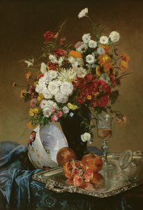 Stilleben med blomster og granatæbler