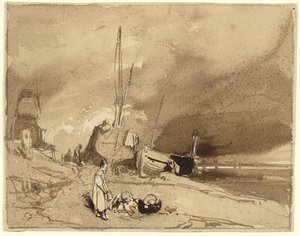 Bord de Plage (fiskerbåde på en strand, stormskyer i det fjerne) af Eugene Isabey