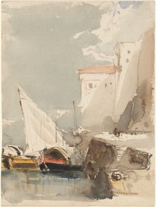Sejlbåde i en solbeskinnet havn (forside) af Eugene Isabey